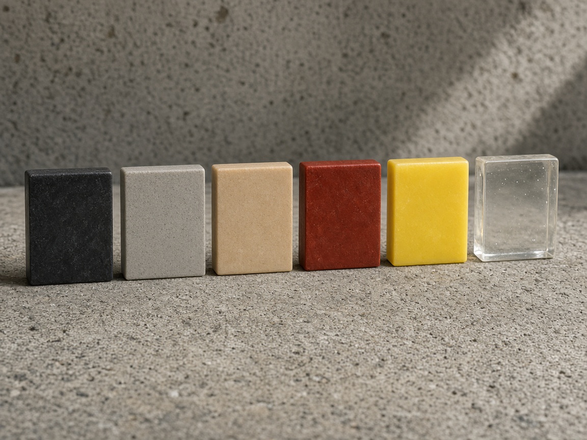 Six unlabeled resin samples in a row: charcoal, concrete grey, sand, oxide red, safety yellow, and clear