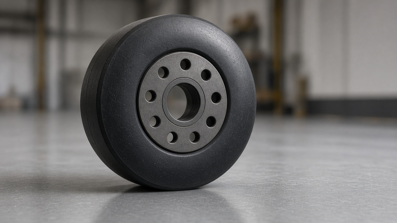 Plain black forklift wheel standing on a smooth grey resin floor