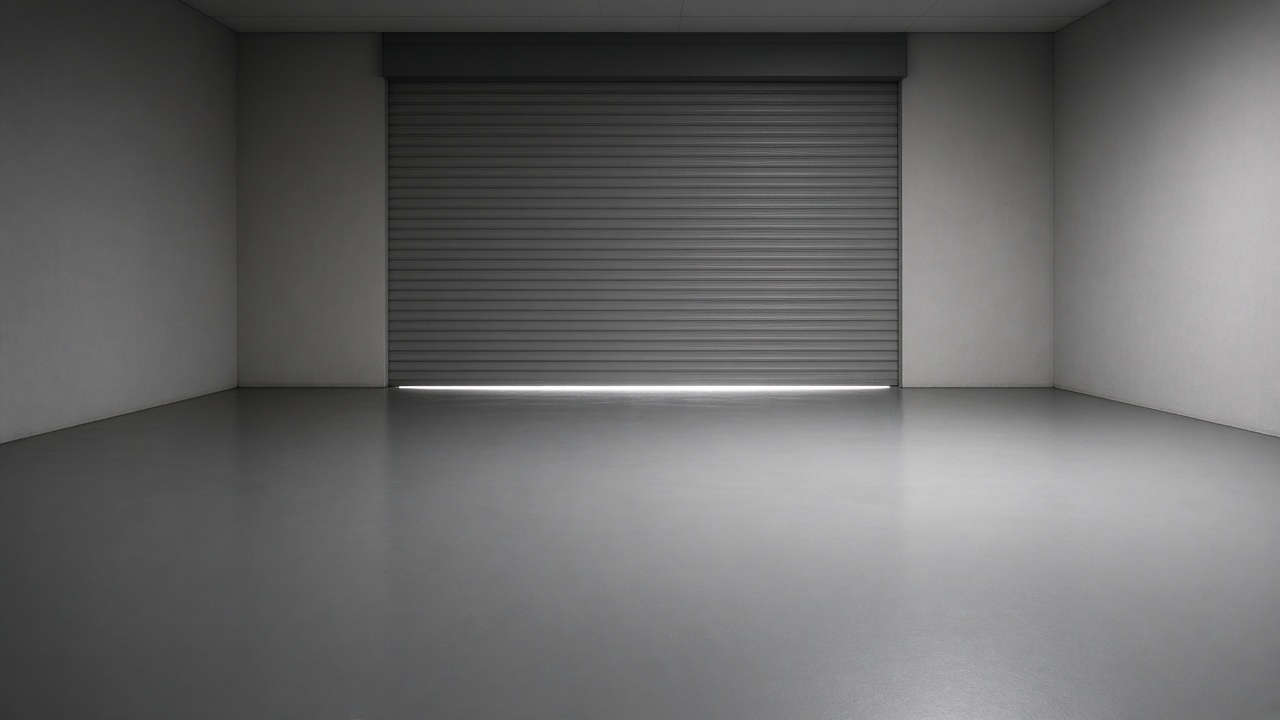 Empty garage with a smooth grey resin floor and a closed roller door