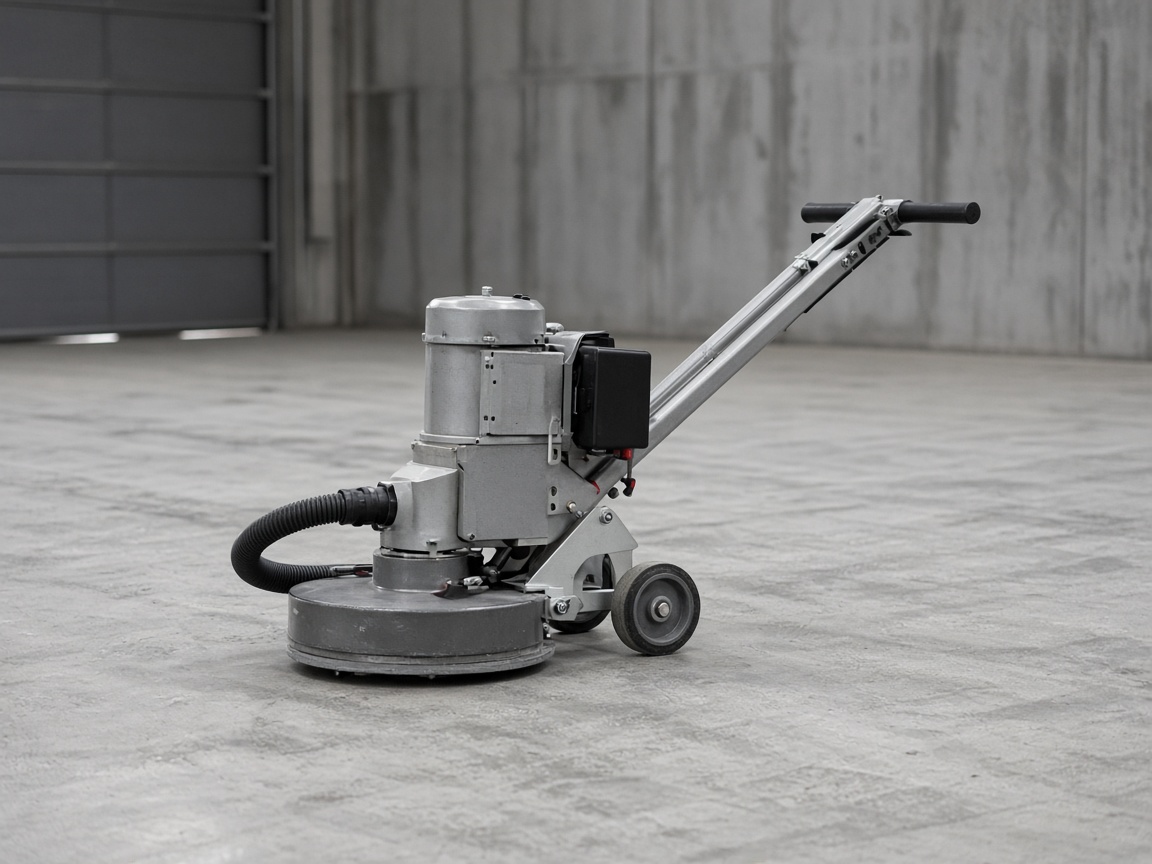 Walk-behind floor grinder seen from the side, with a vacuum hose, on bare concrete