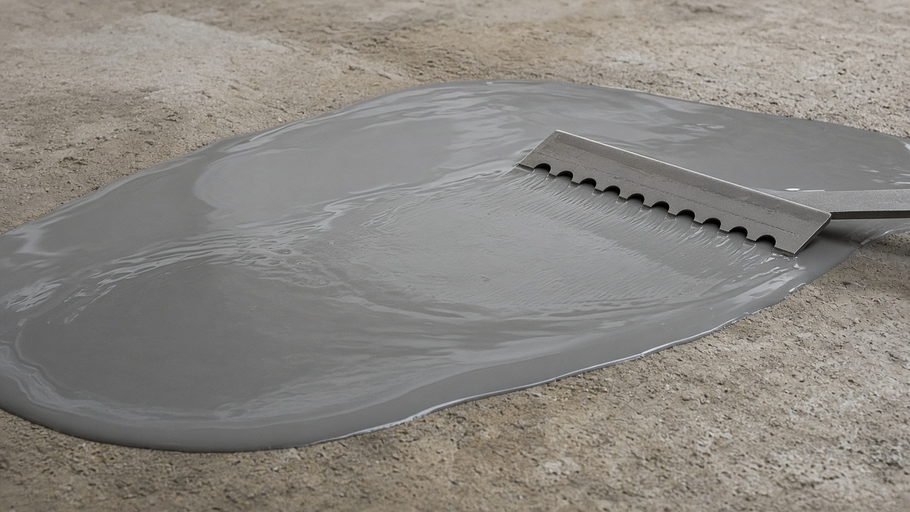 Self-levelling grey resin spreading on concrete, with a notched rake in the wet pour