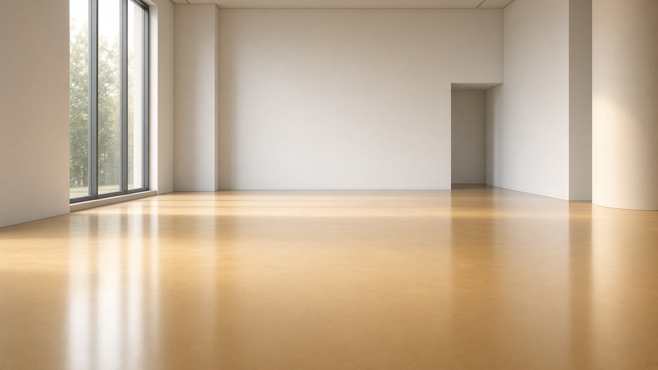 Amber-tinted resin floor in an empty showroom with tall windows