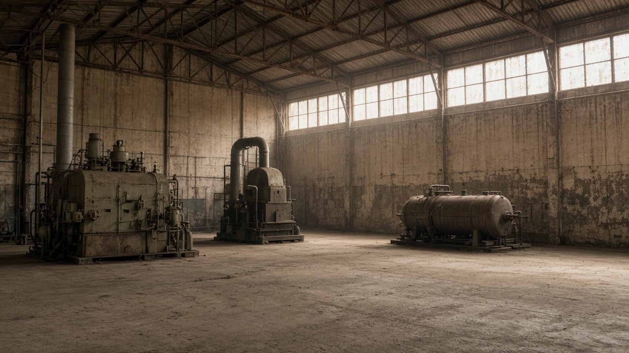 Older industrial hall with high clerestory windows, steel trusses and heavy machines on a bare concrete floor