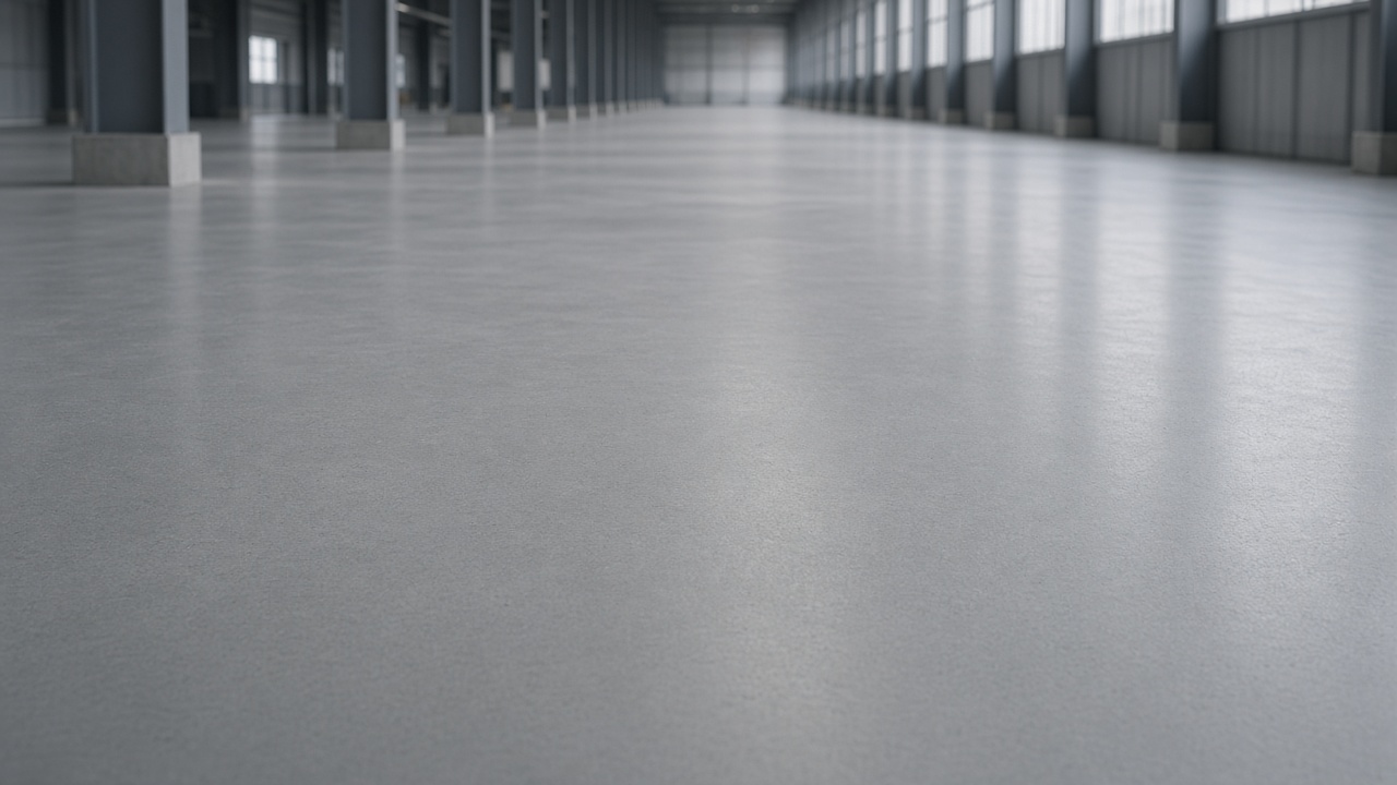 Seamless grey resin floor in an empty warehouse, the floor filling most of the frame
